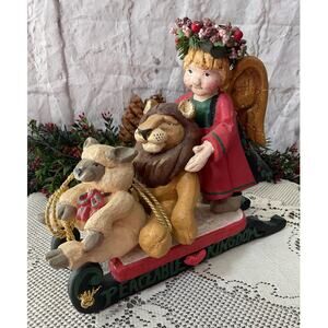 1994 Folk Art House Of Hatten Angel Lion Lamb on Sled